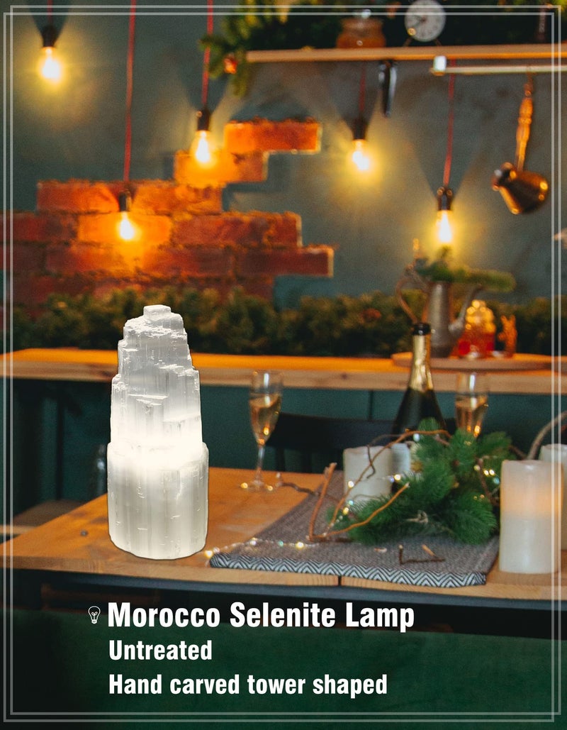 AMOYSTONE 8" Natural Selenite Crystal Lamp White Gemstones Skyscraper Tower Healing Lights Small, Include Led Bulb Switch - Image 2
